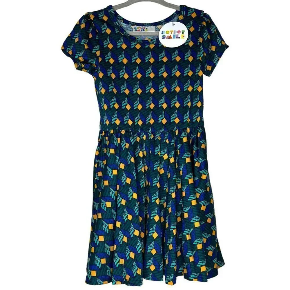 NEW Dot Dot‎ Smile Teal and Blue Geometric Cap Sleeve Dress 2T